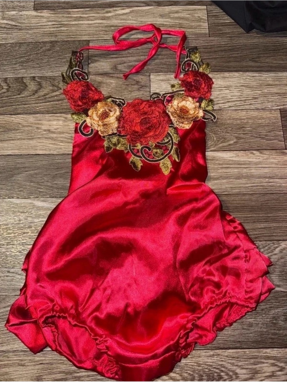 Girls Red Floral Halter Satin Dress